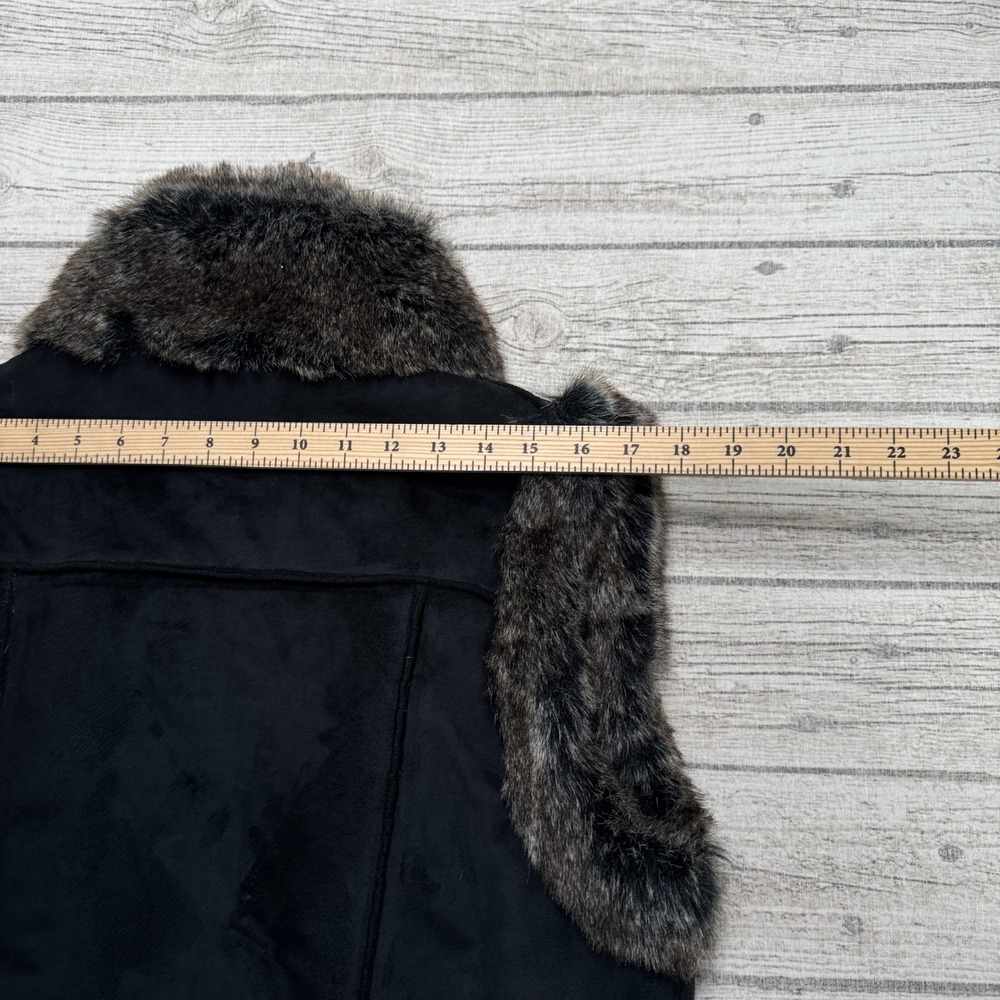 Vintage Faux Suede Vest Women's Medium Black Fur Trim Open Front Boho Plush Chic - Picture 6 of 10